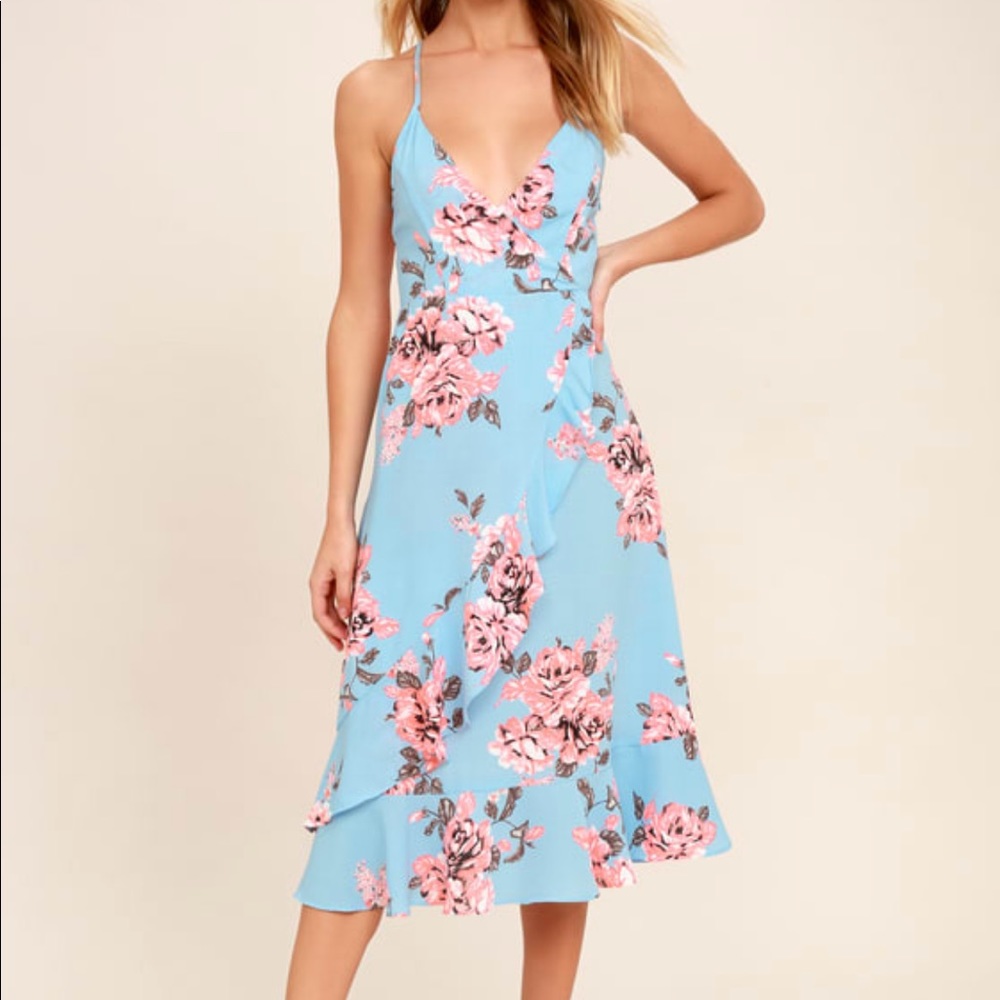 Lulus “My Finest Flower” Periwinkle Rose Print Wrap Dress